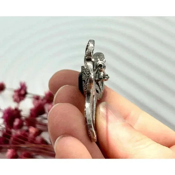 Black onyx & Marcasite Sterling Silver Ribboned Bow Shaped Vintage Brooch Pin - Picture 5 of 6